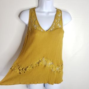 Chloe K Women's Tank Top Mustard Gauze Lacey Boho Size Medium